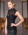 Leopard Luxe : High Neck Beaded Sleeveless Lace Top