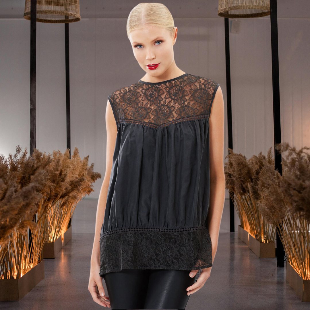 Sand Washed Silk Top & Lace Detail