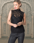 Leopard Luxe : High Neck Beaded Sleeveless Lace Top