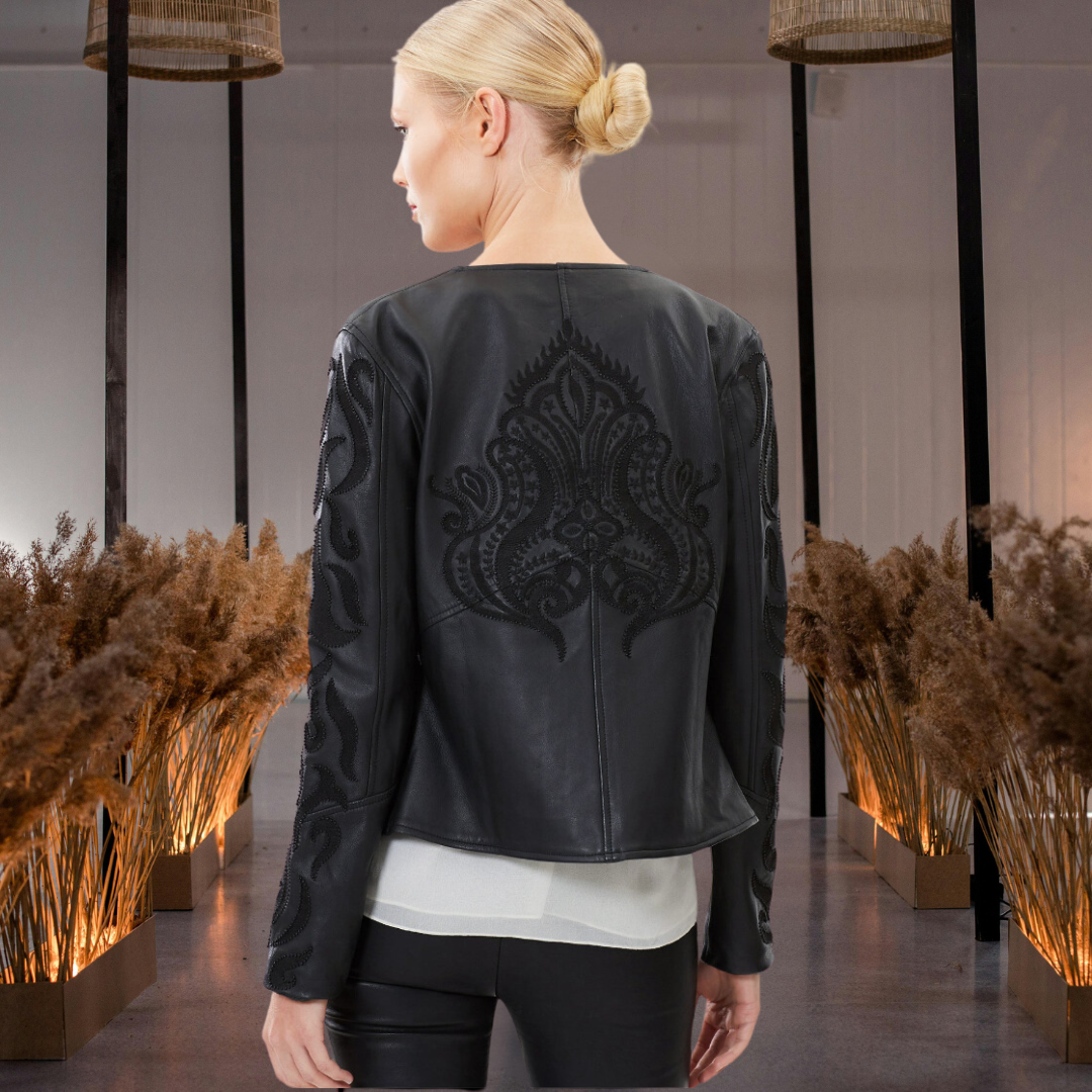 Embroidered Leather Biker Jacket