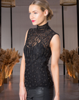 High-Neck Hand Beaded Sleeveless Lace Top