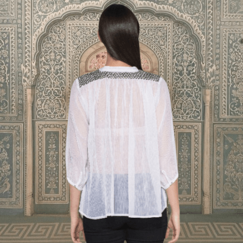 Leaf Embroidered Sheer Top