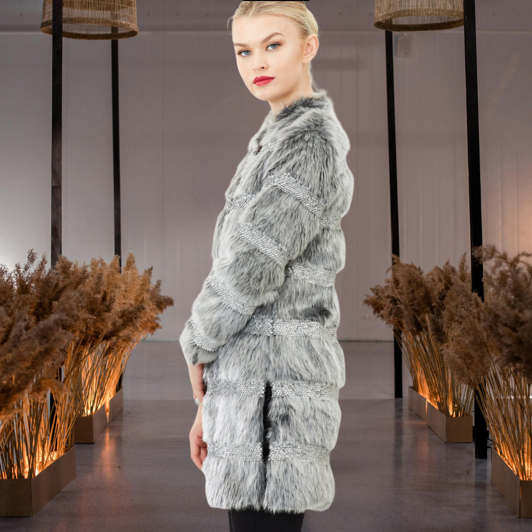 Faux Fur Coat with Hand-Beaded Sequin