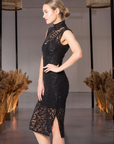 Hand-Beaded Lace Dress with Victorian Collar