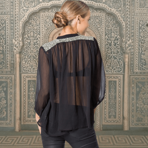 Leaf Embroidered Sheer Top
