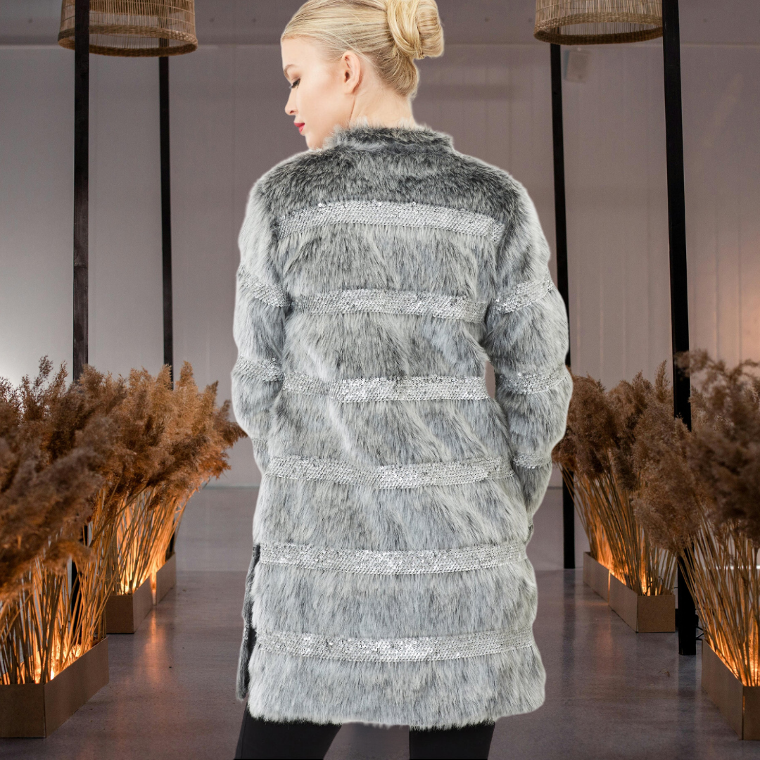 Faux Fur Coat with Hand-Beaded Sequin