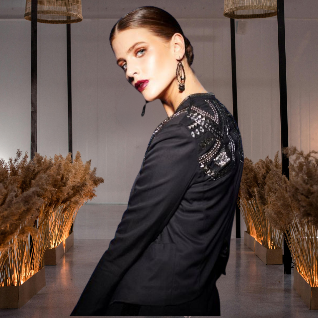Hand-Embroidered Tuxedo Jacket with Metal and Bead Detailing