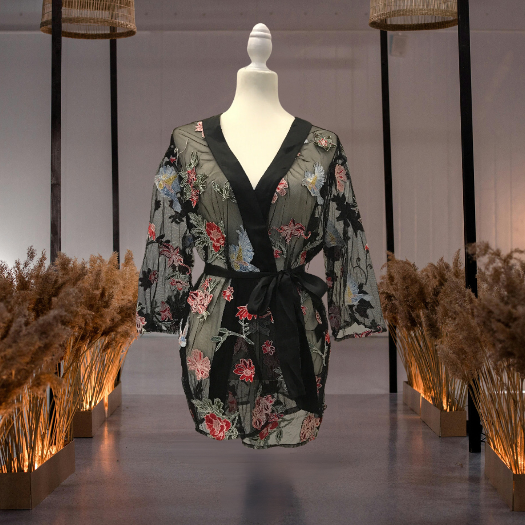 Embroidered Floral Mesh Kimono Jacket