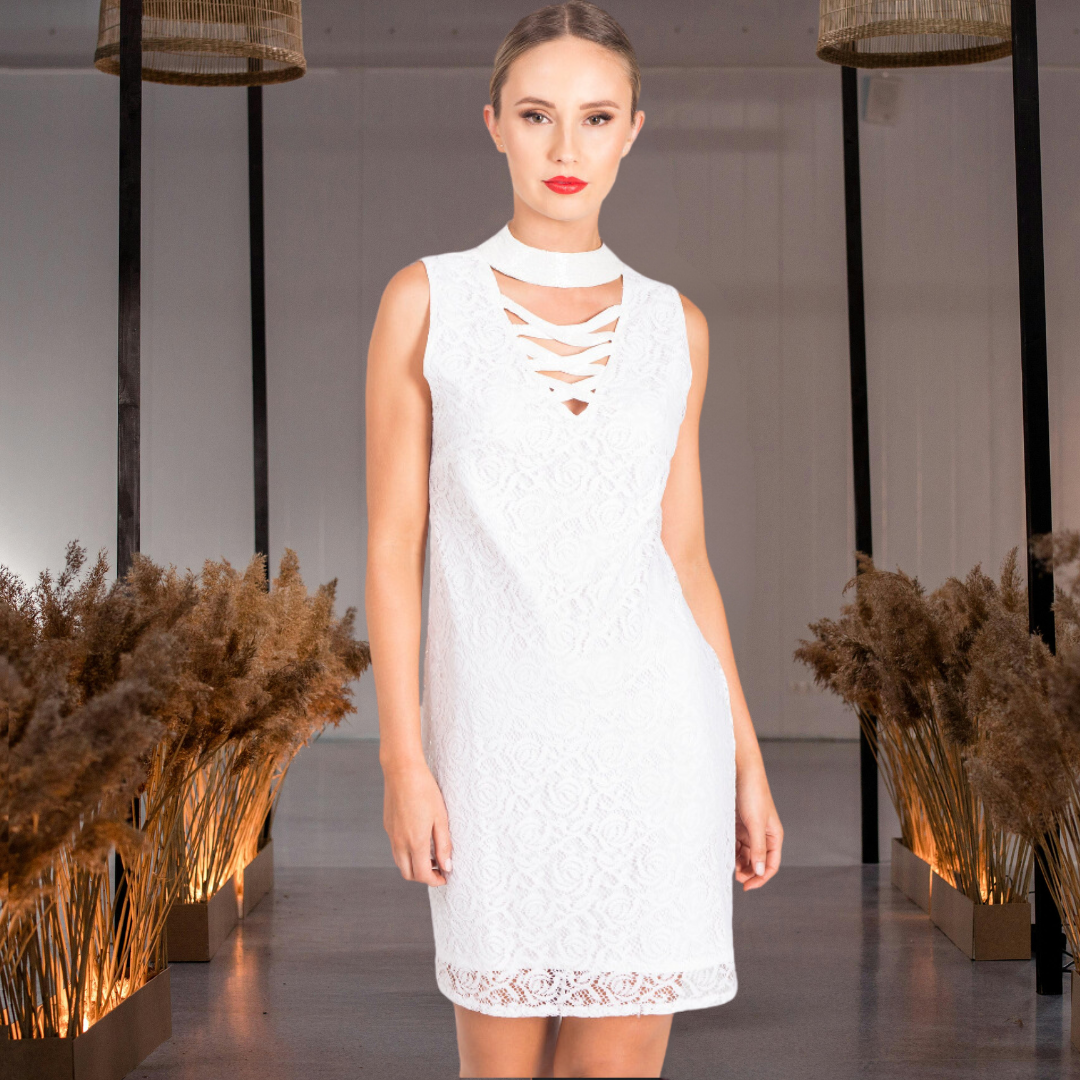 Beaded Choker Lace Dress with Unique Bugle Beads