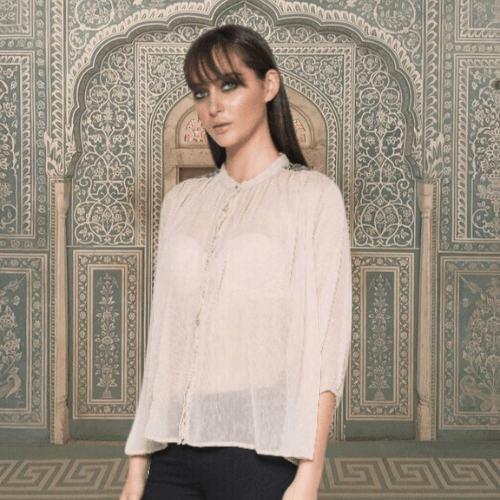Leaf Embroidered Sheer Top