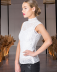 High-Neck Hand Beaded Sleeveless Lace Top
