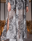 Hand-Beaded Printed Dress with Open Sleeves