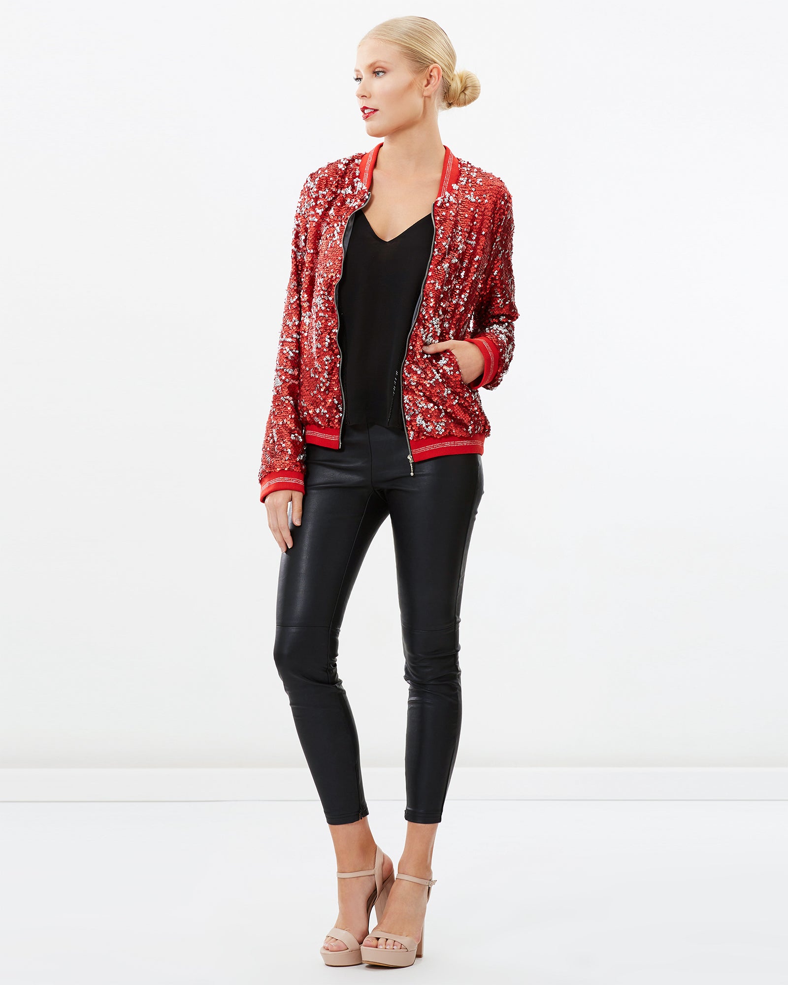 Red sequin sales bomber jacket