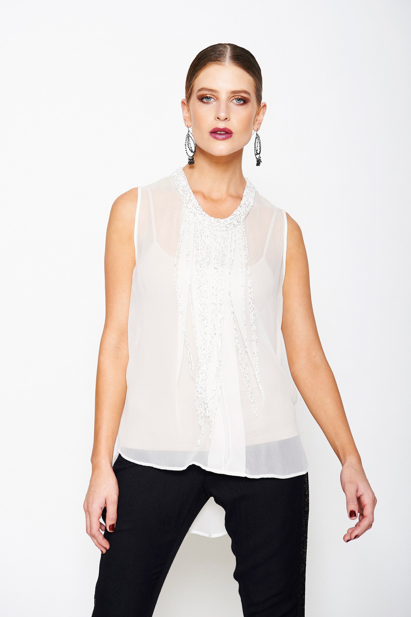 Sleeveless Hand Beaded Fringe And Choker Top