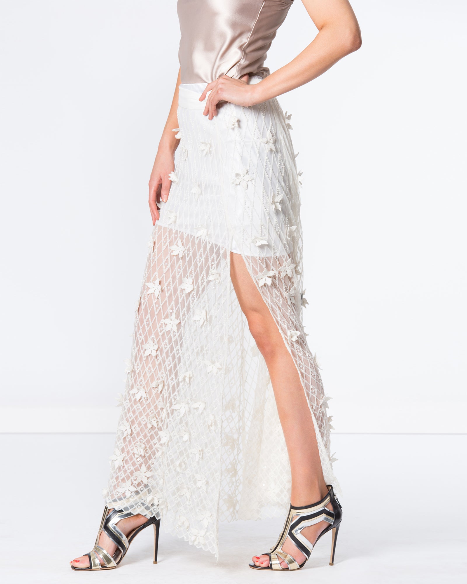 Mesh Beaded Maxi Skirt With Hand-Sewn Floral Structures