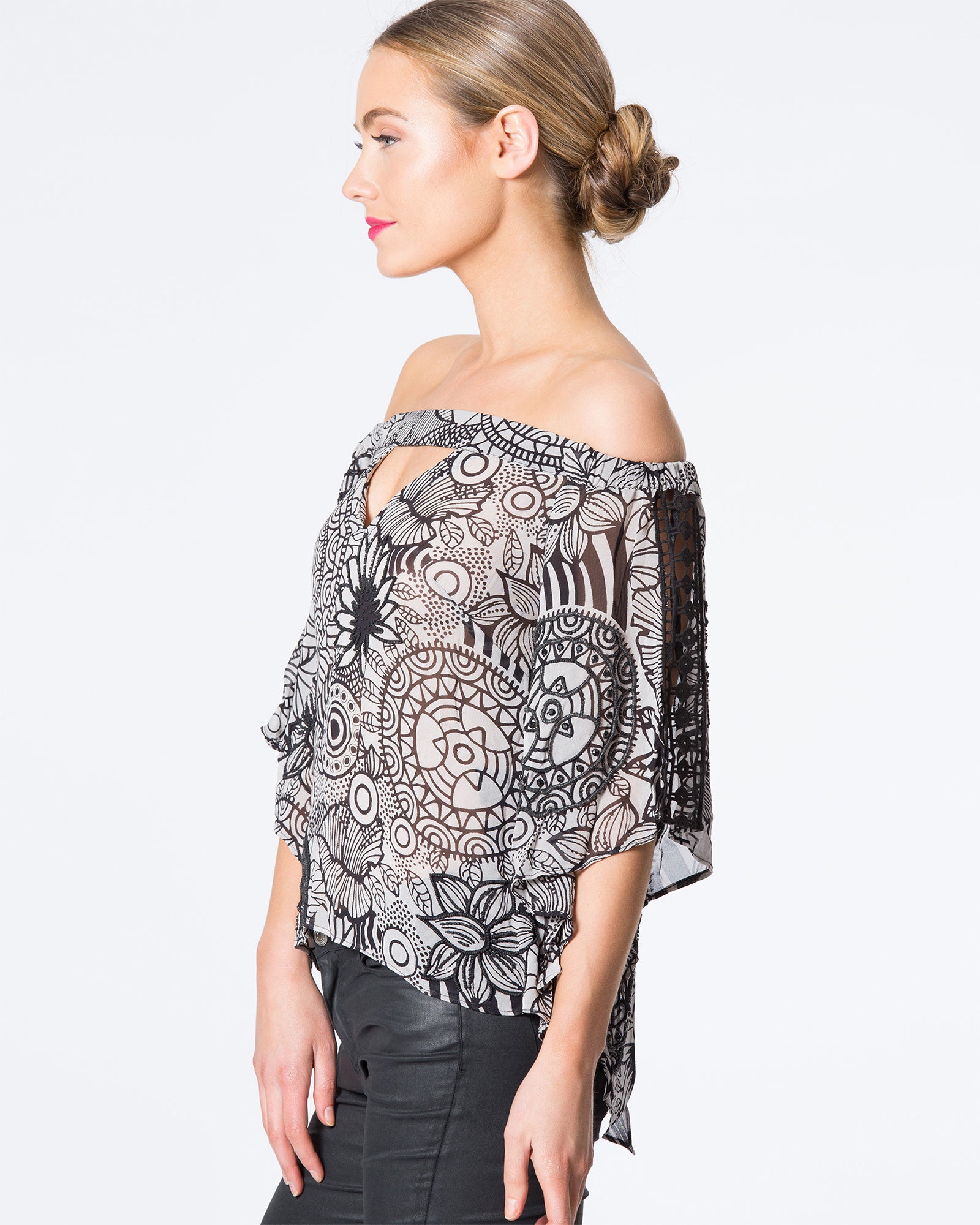 Off-Shoulder Hand Beaded Printed Top