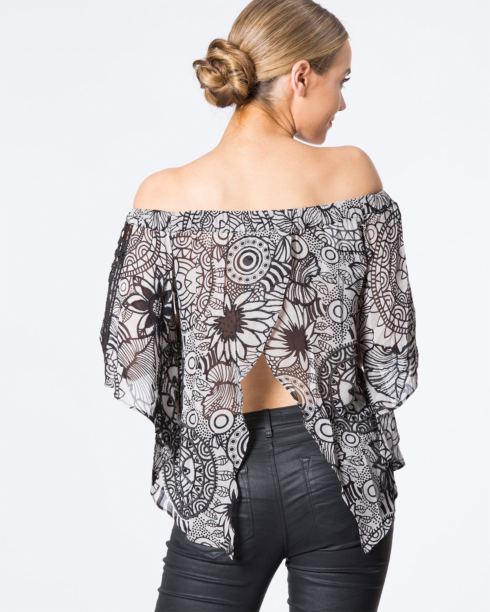 Off-Shoulder Hand Beaded Printed Top