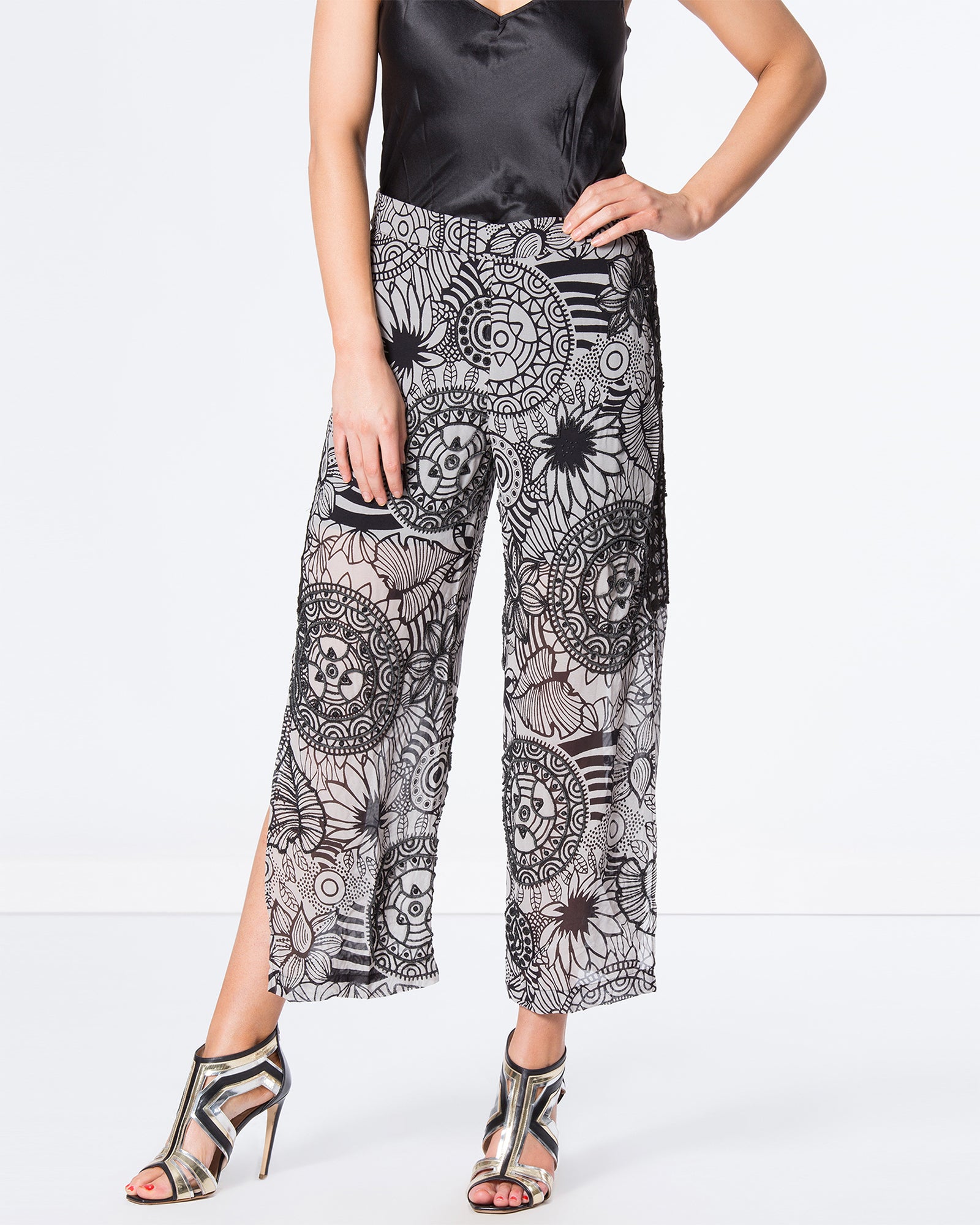 Printed Hand Beaded Crop Pants