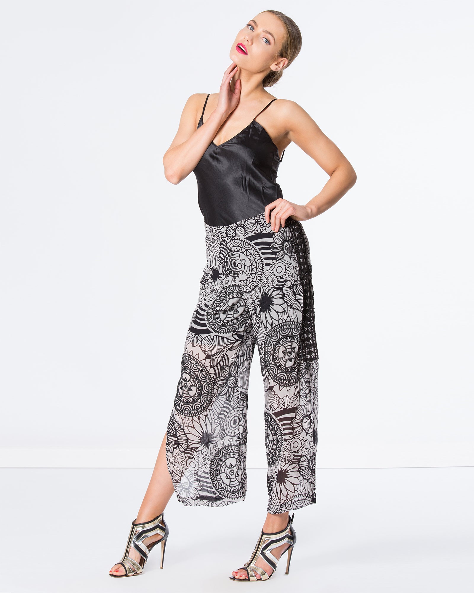 Printed Hand Beaded Crop Pants