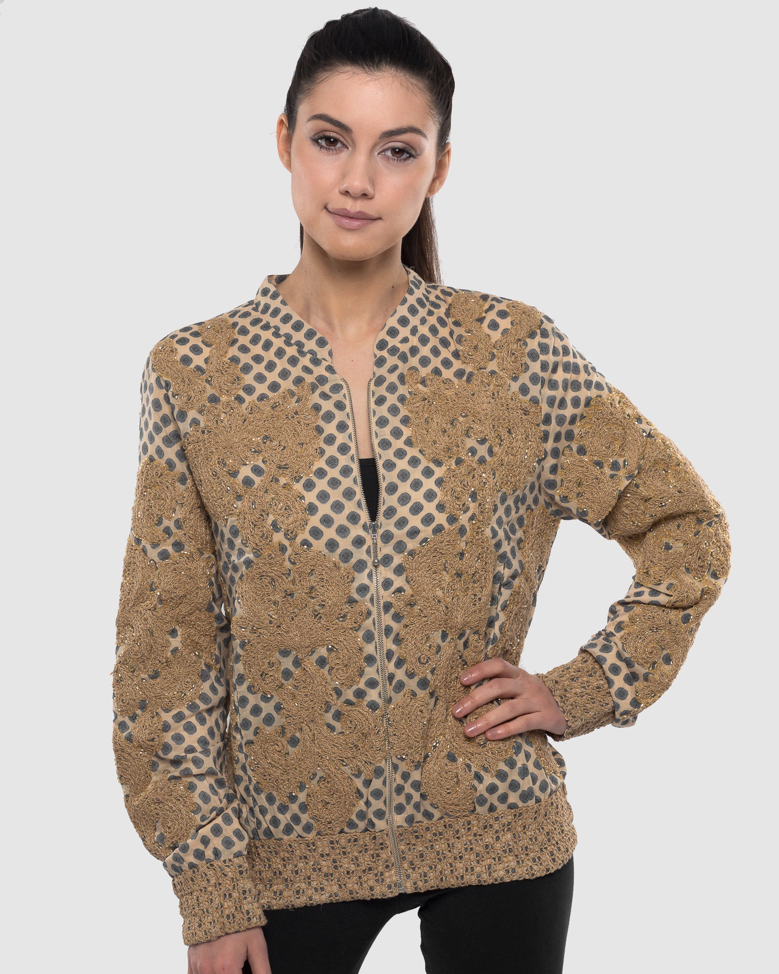 Printed Bomber Jacket  with  Embroidery and Hand-beading
