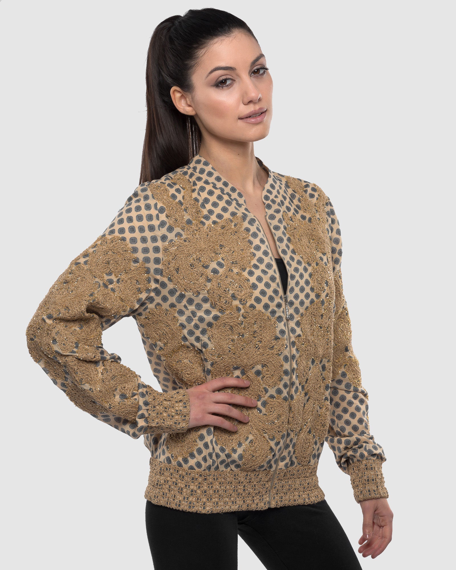 Printed Bomber Jacket  with  Embroidery and Hand-beading