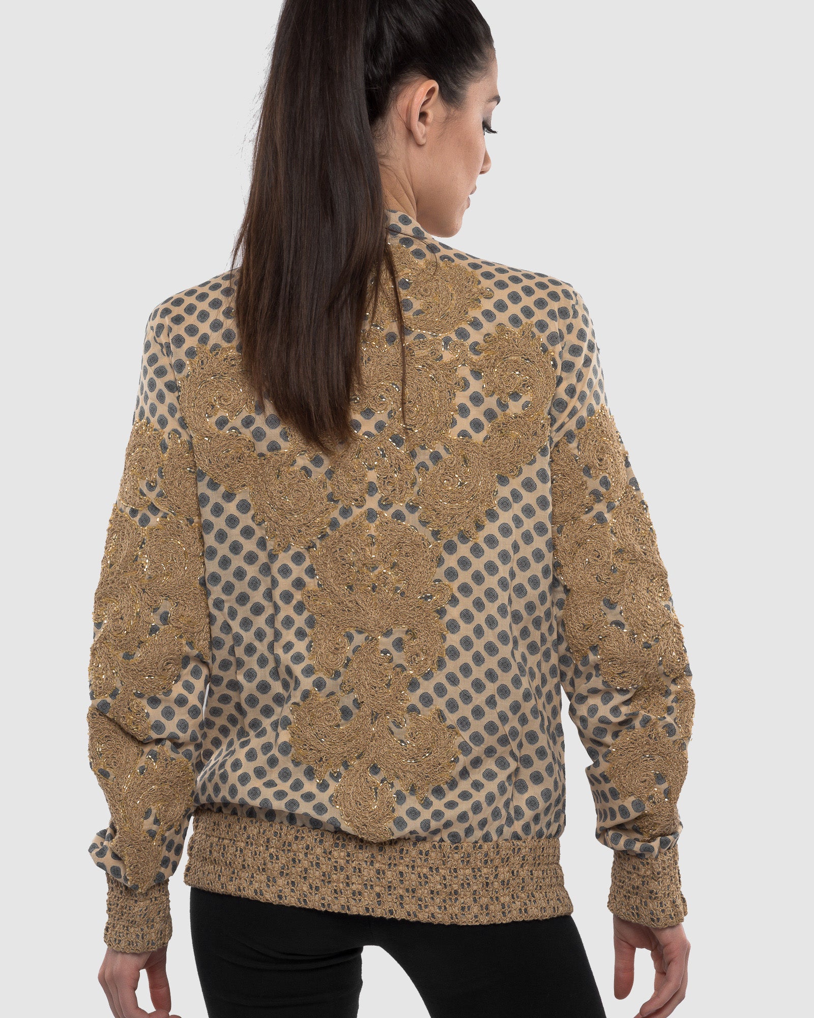 Printed Bomber Jacket  with  Embroidery and Hand-beading