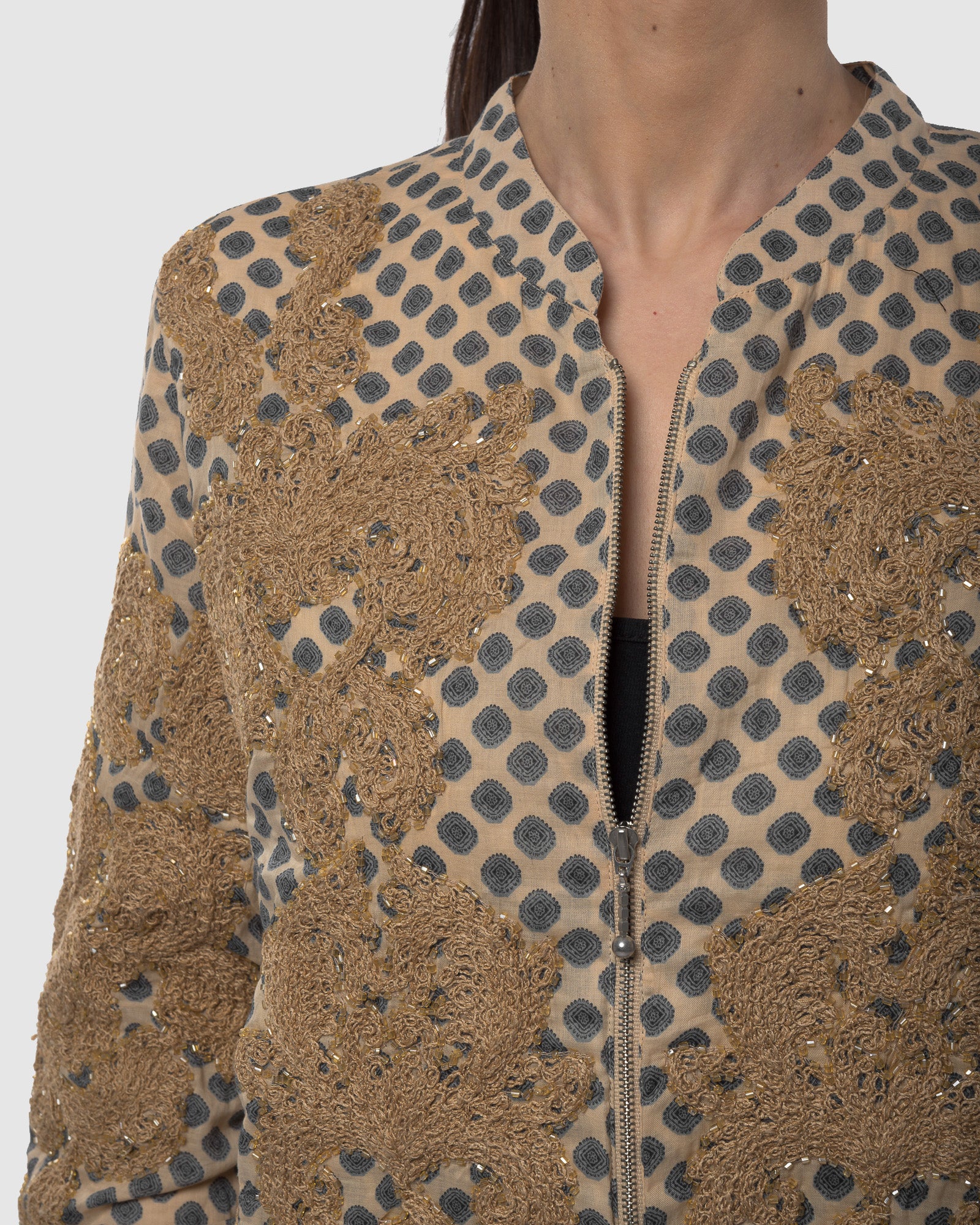 Printed Bomber Jacket  with  Embroidery and Hand-beading