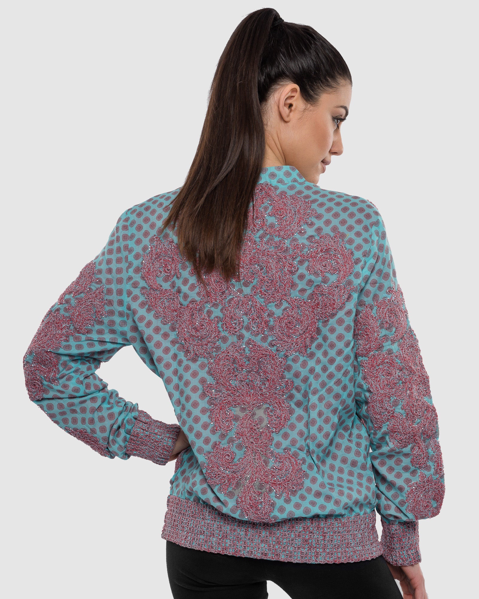 Printed Bomber Jacket with Embroidery and Hand-Beading