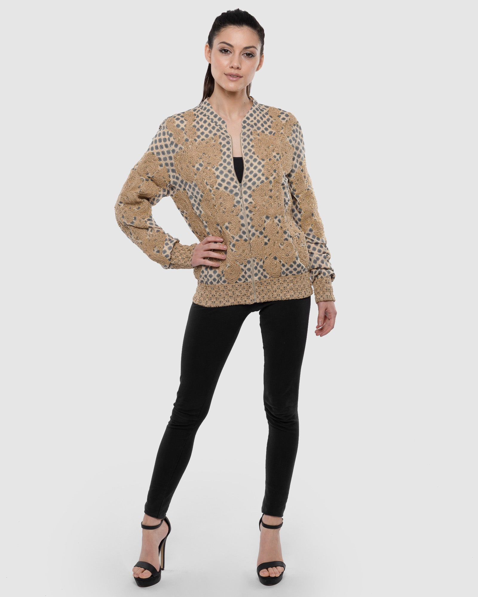 Printed Bomber Jacket  with  Embroidery and Hand-beading