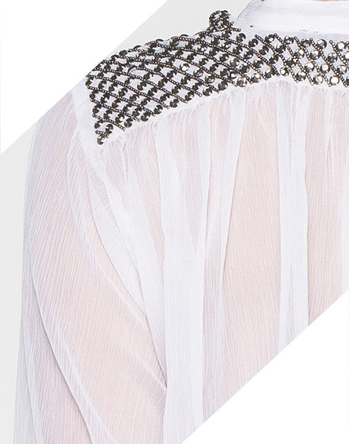 Rhinestone Embroidered Button-Down Sheer Shirt