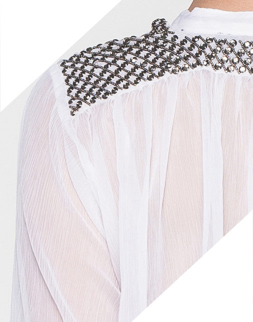 Rhinestone Embroidered Button-Down Sheer Shirt