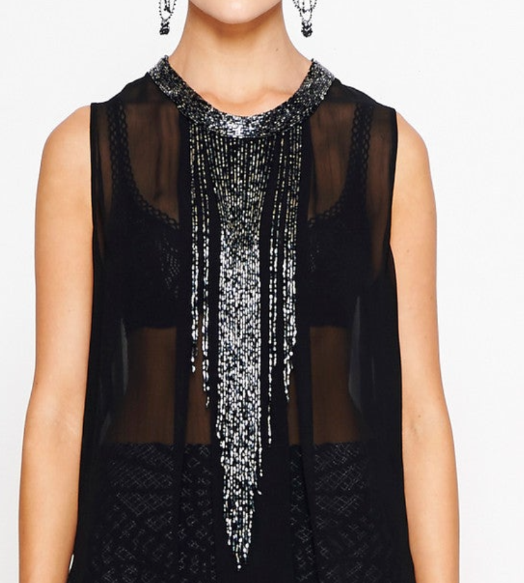 Sleeveless Hand Beaded Fringe And Choker Top