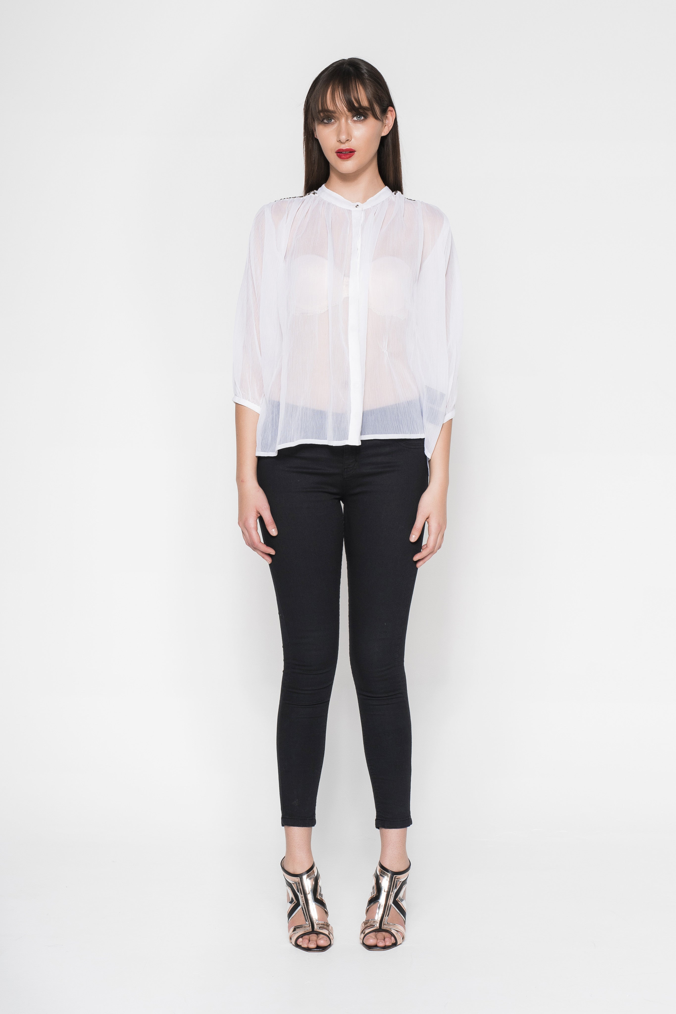 Rhinestone Embroidered Button-Down Sheer Shirt