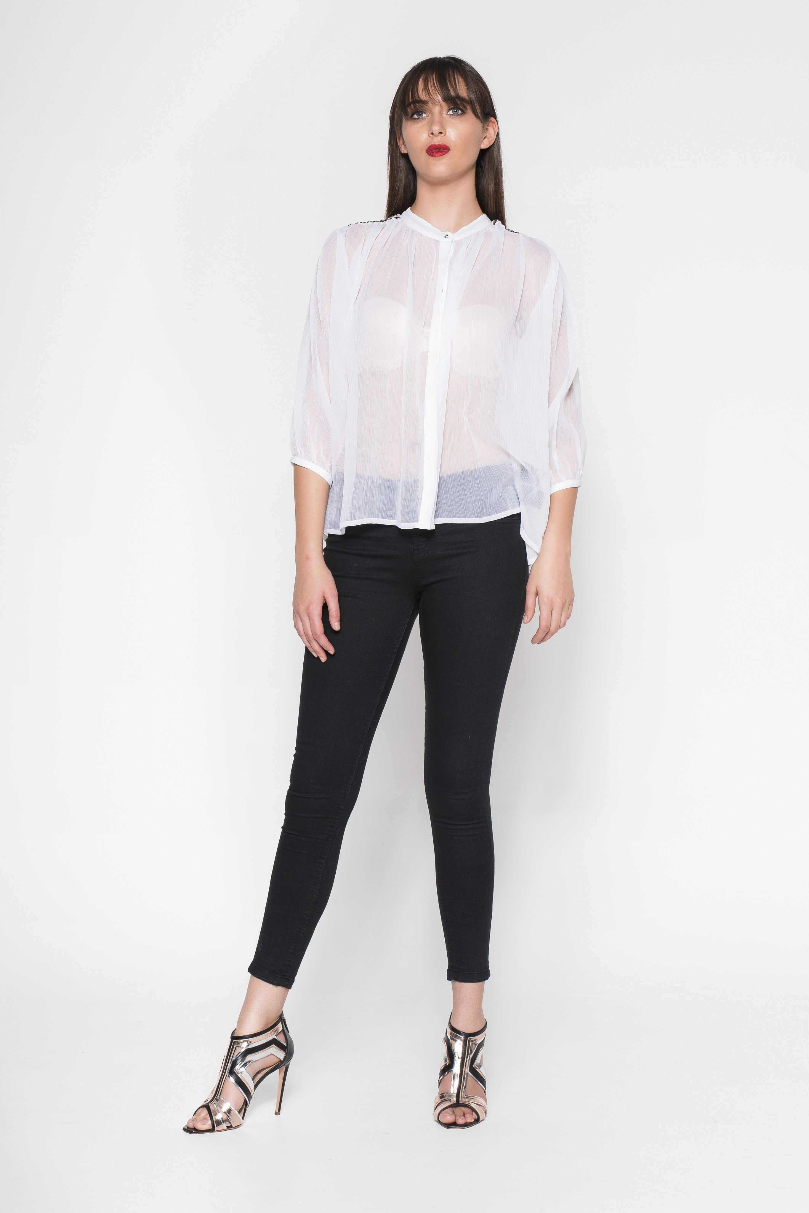 Rhinestone Embroidered Button-Down Sheer Shirt
