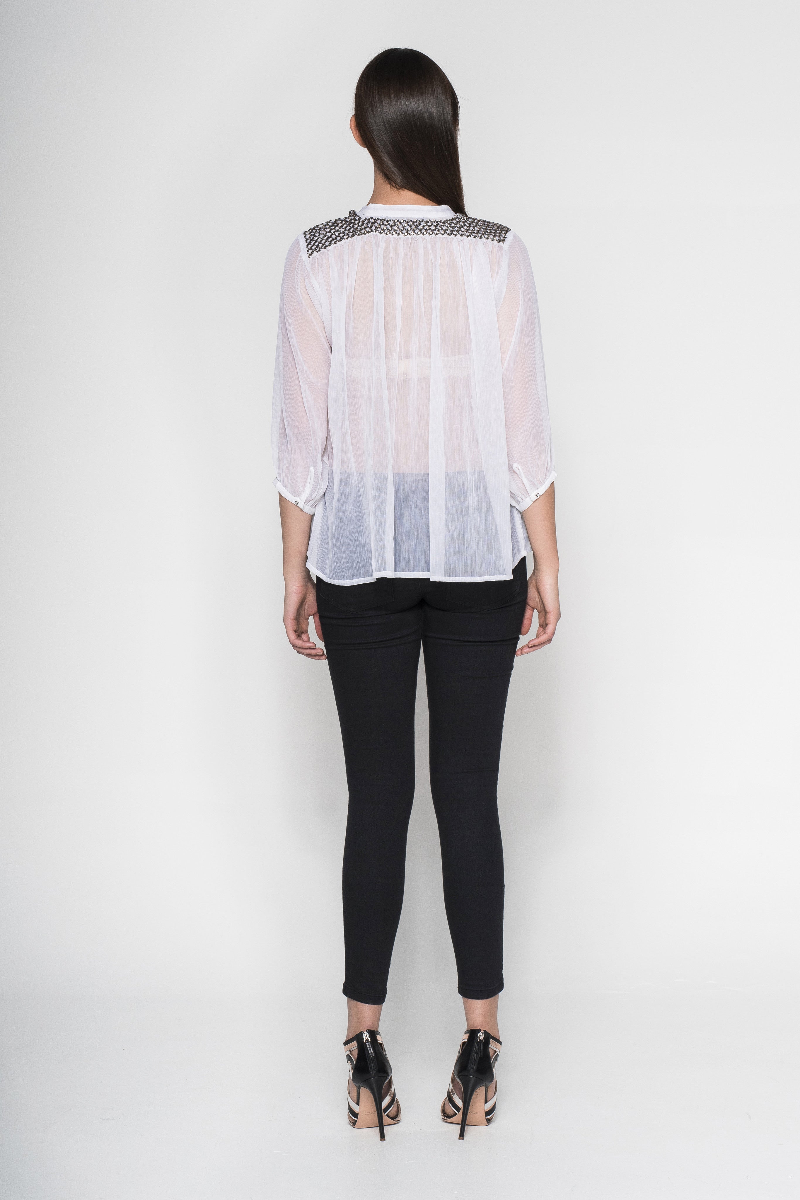 Rhinestone Embroidered Button-Down Sheer Shirt