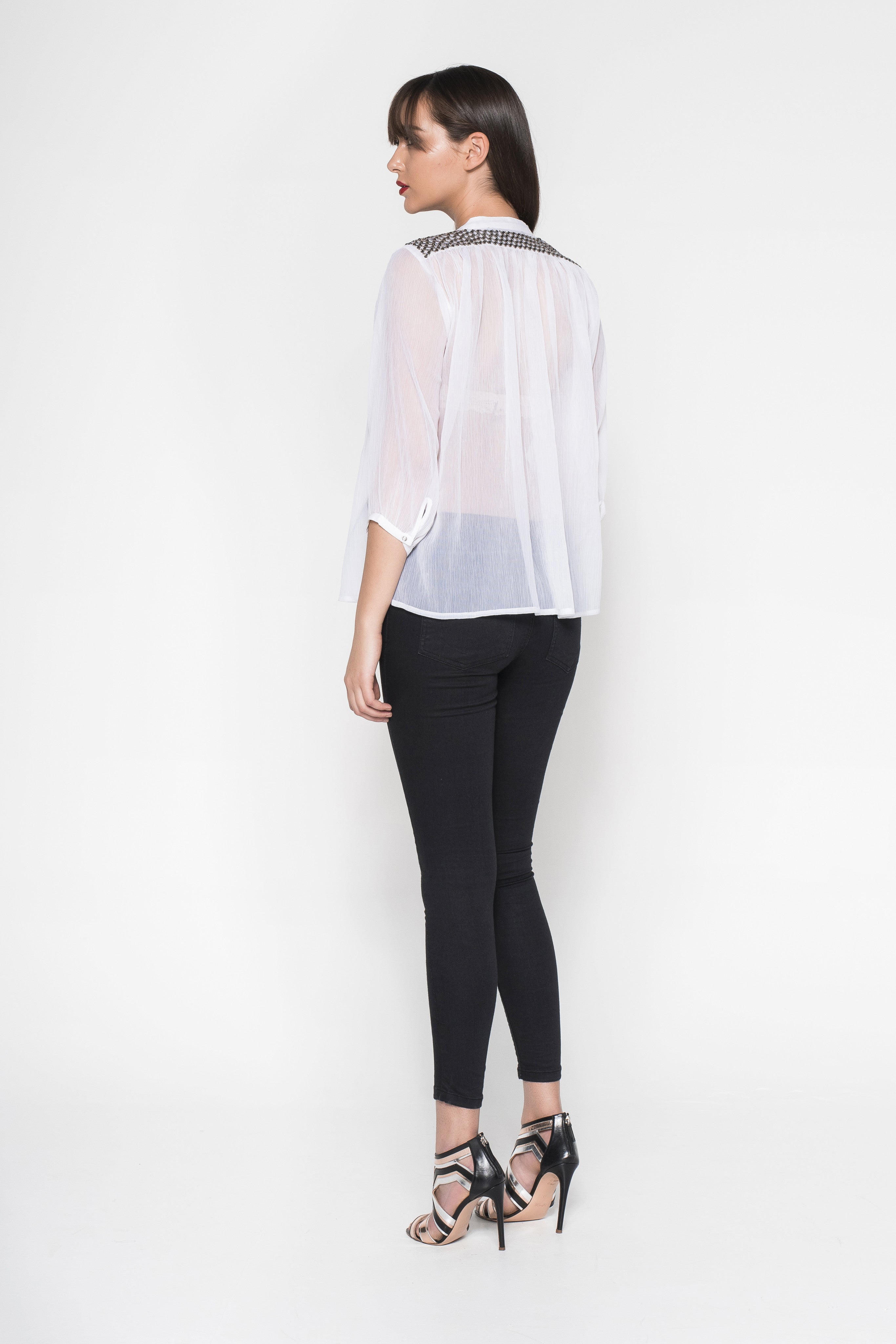 Rhinestone Embroidered Button-Down Sheer Shirt