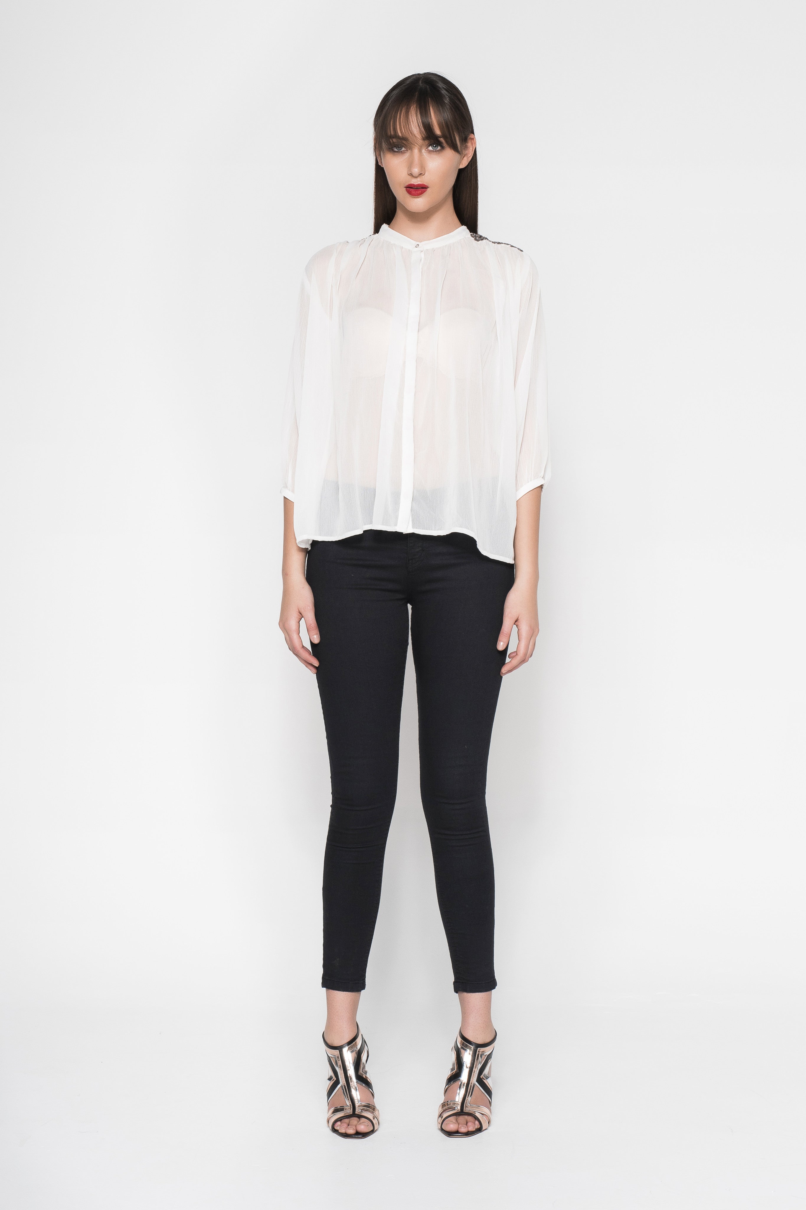Rhinestone Embroidered Button-Down Sheer Shirt