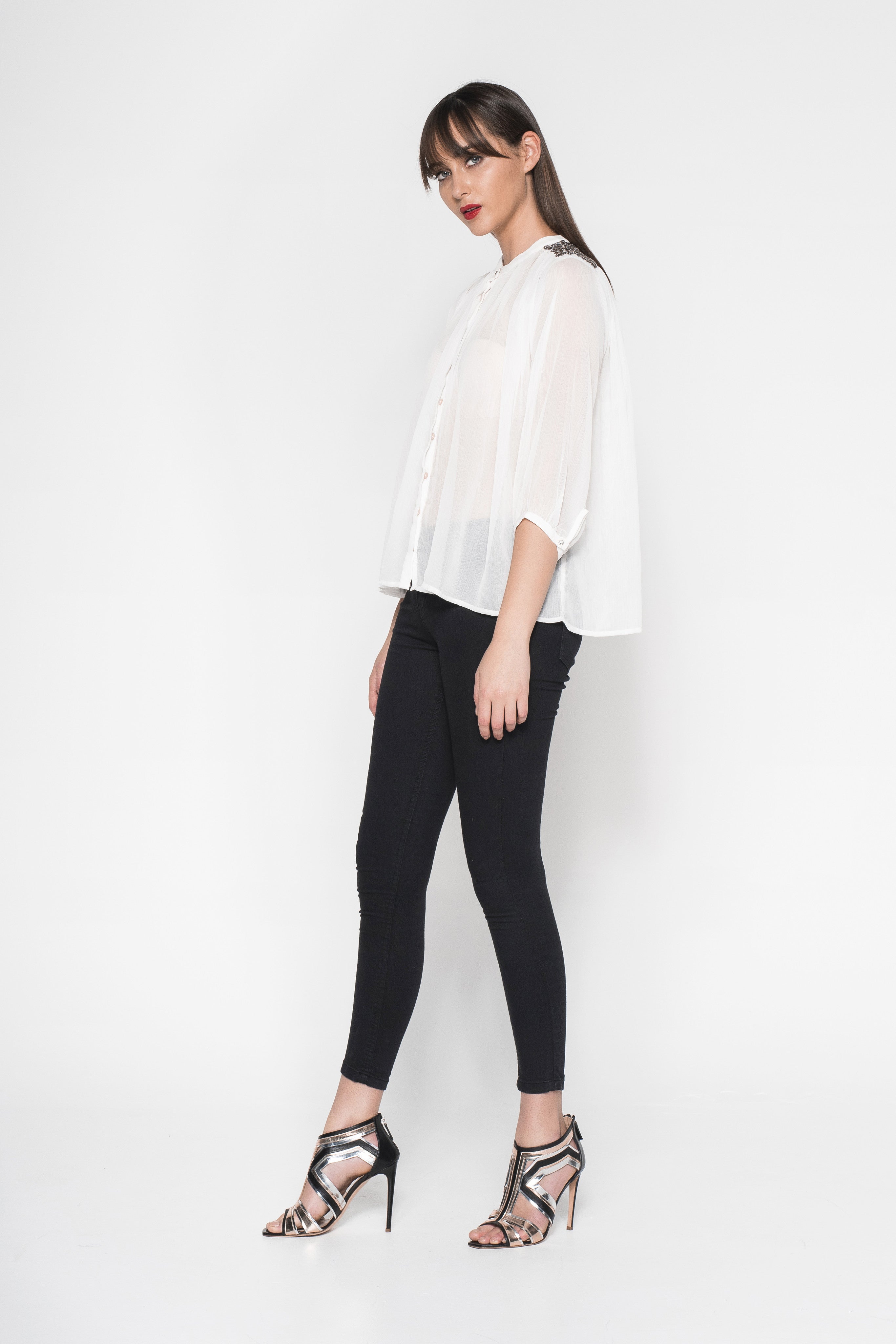 Rhinestone Embroidered Button-Down Sheer Shirt