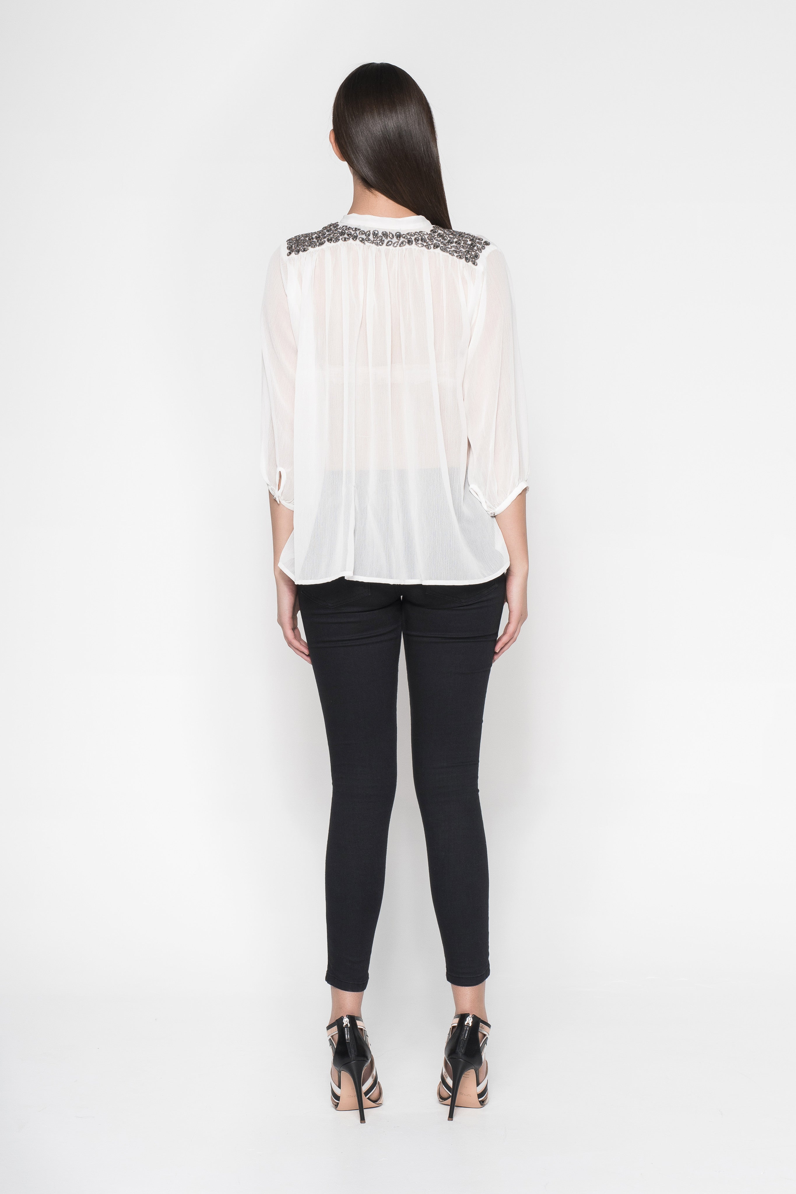 Rhinestone Embroidered Button-Down Sheer Shirt