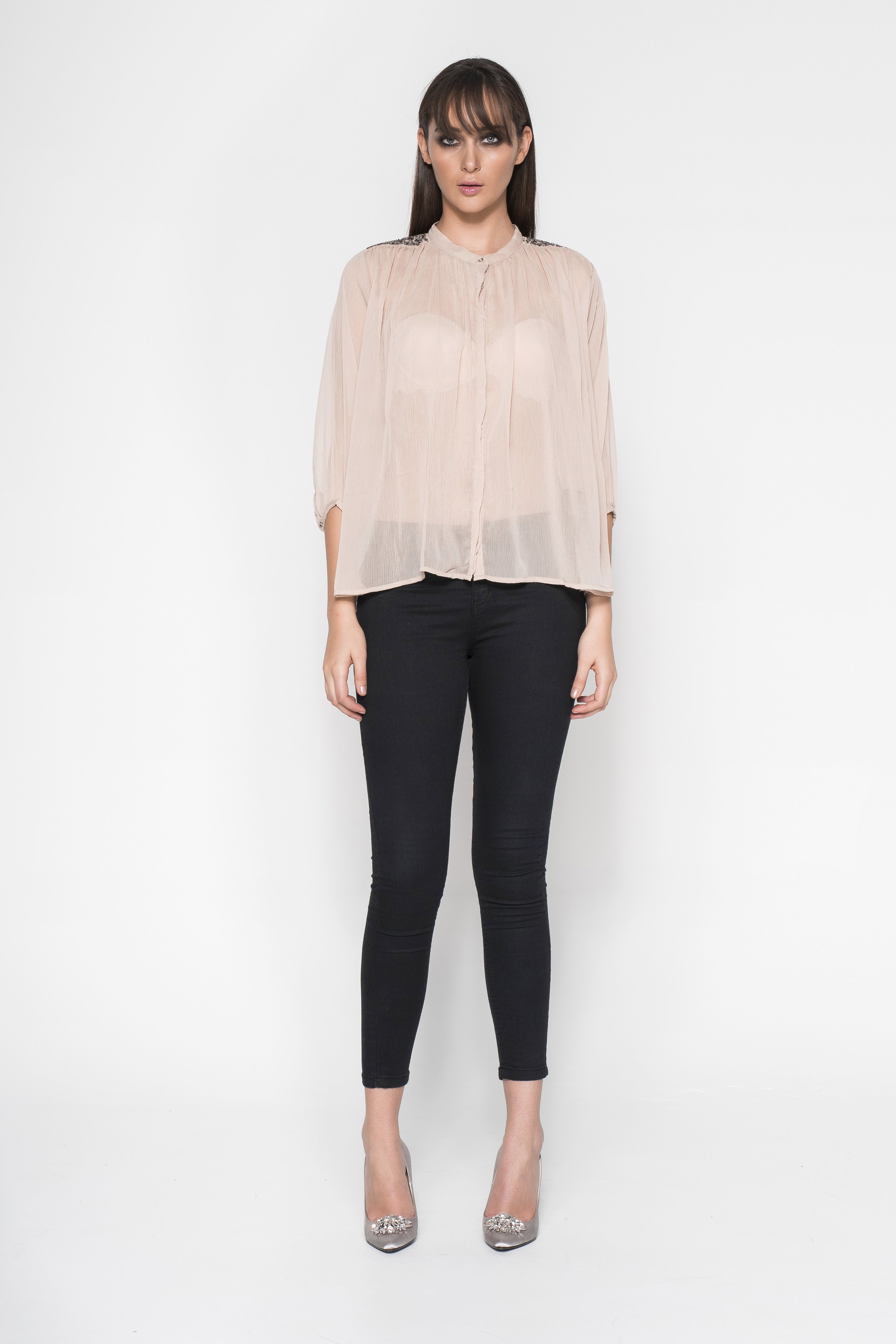 Rhinestone Embroidered Button-Down Sheer Shirt