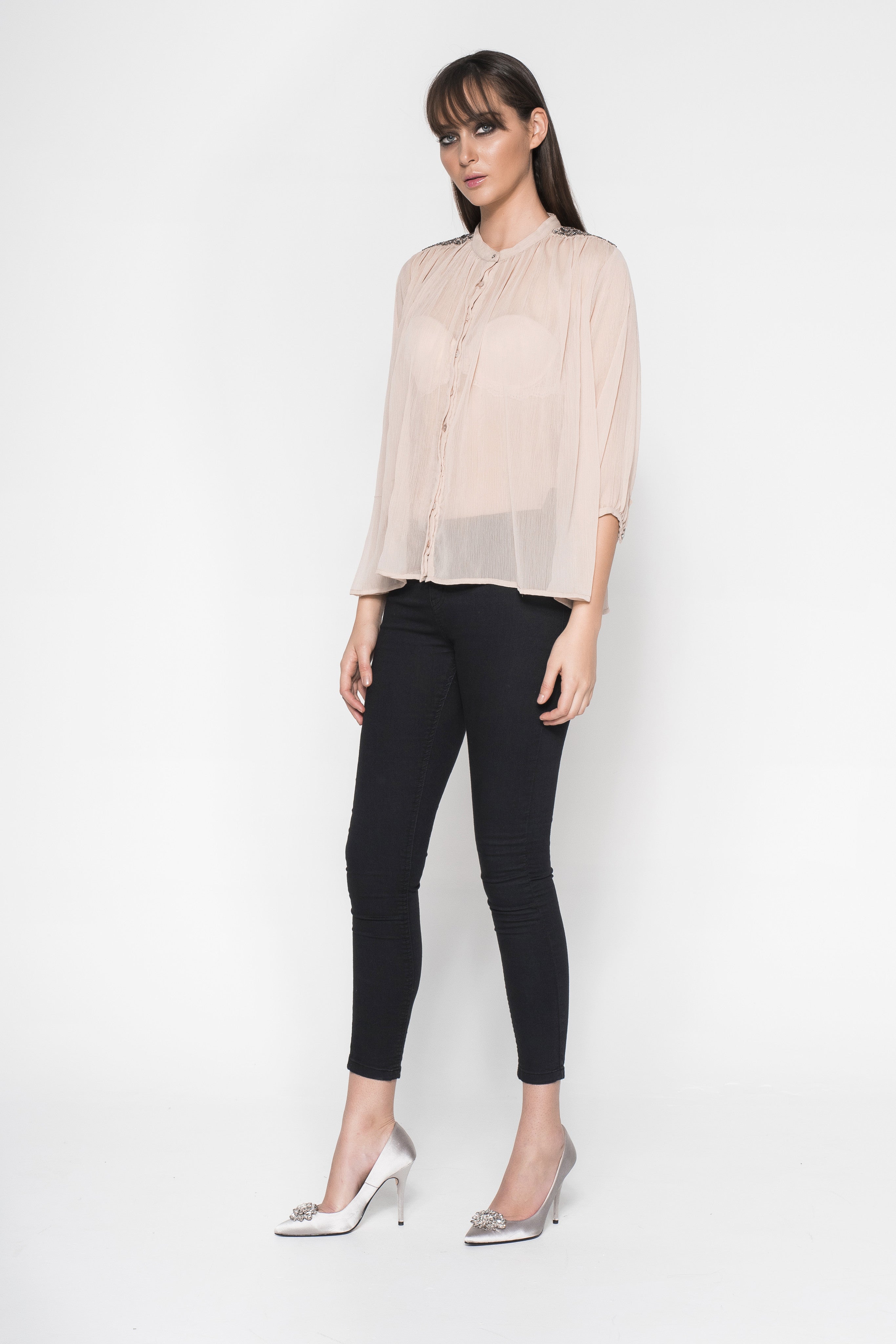 Rhinestone Embroidered Button-Down Sheer Shirt