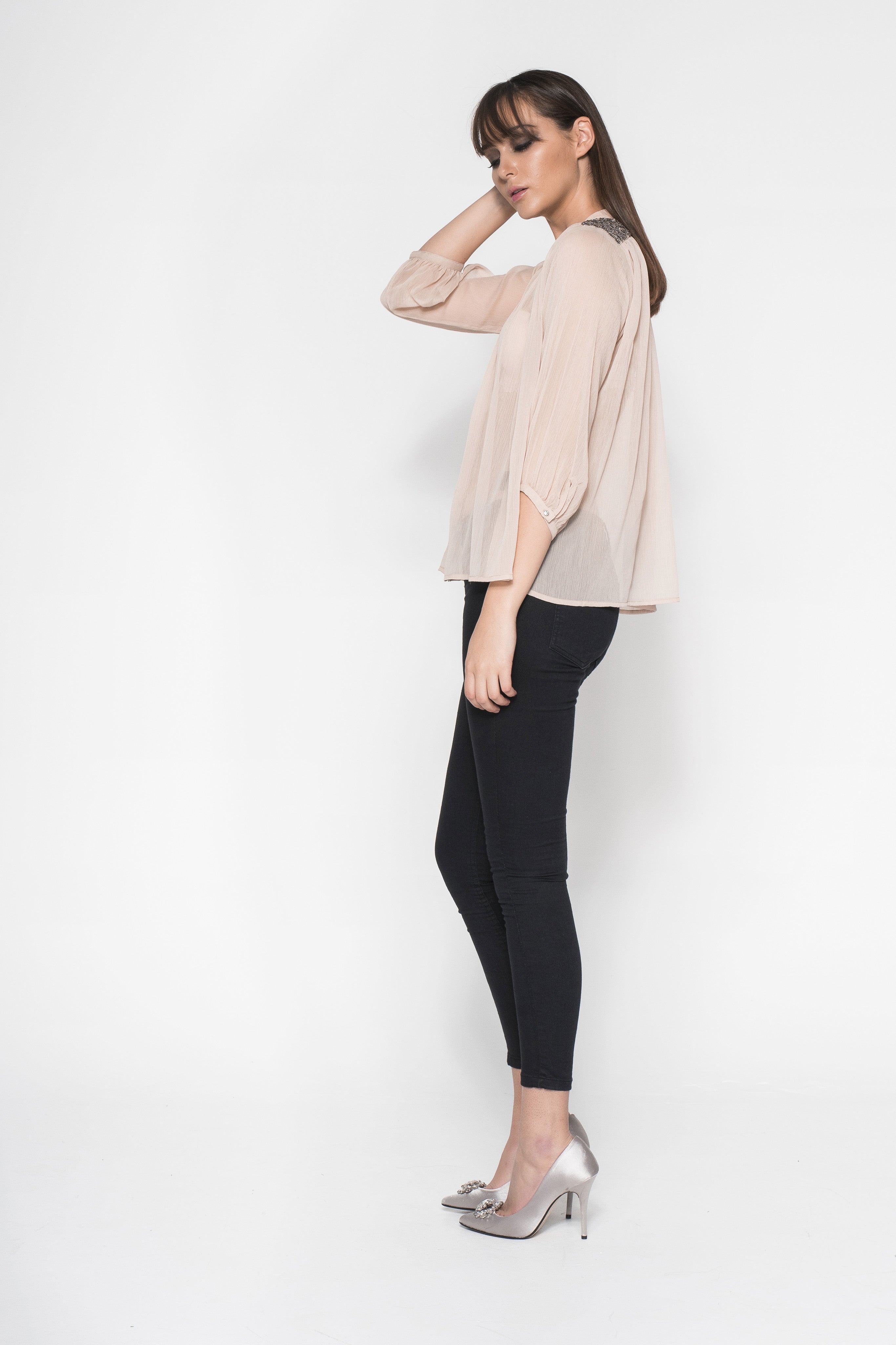 Rhinestone Embroidered Button-Down Sheer Shirt