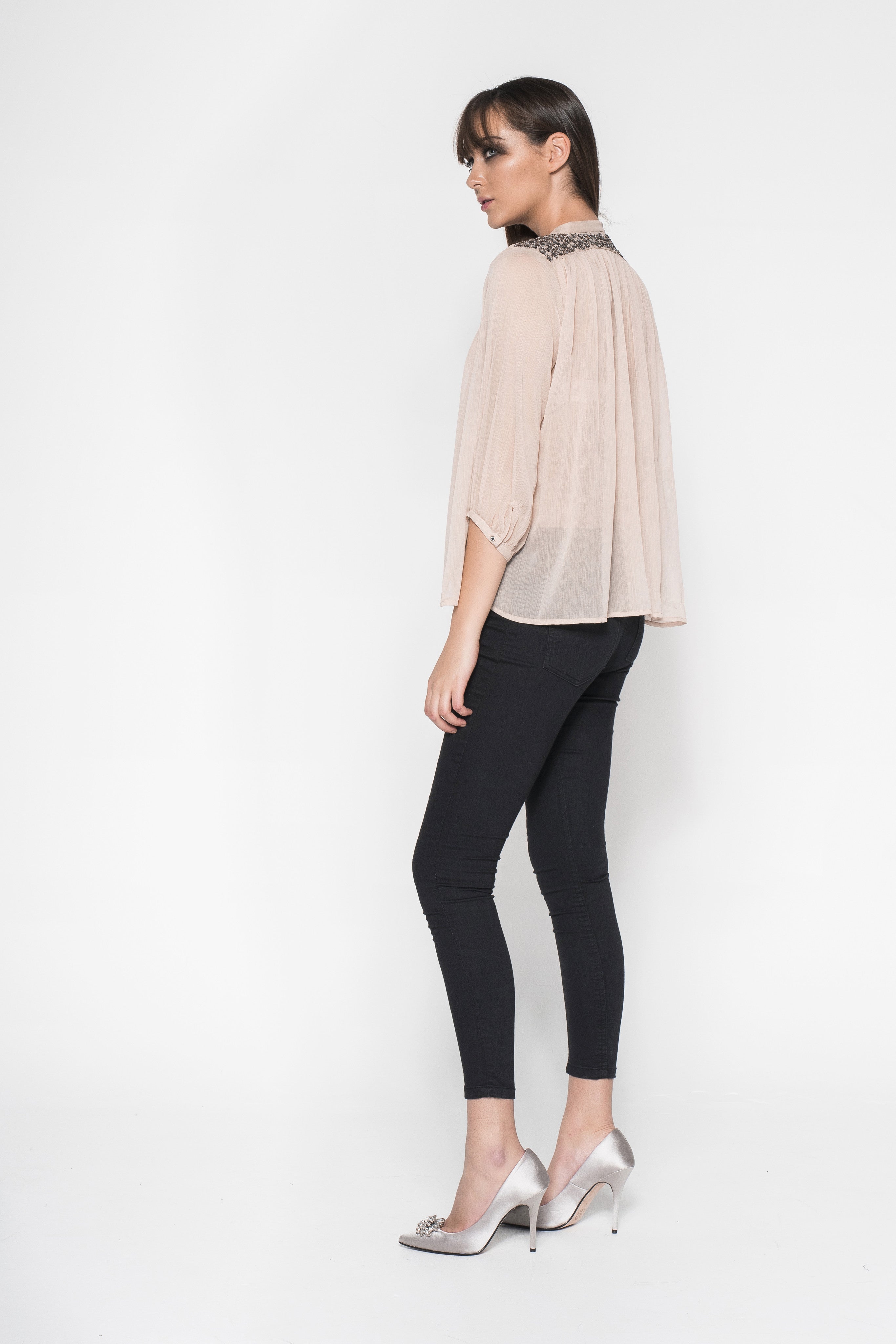 Rhinestone Embroidered Button-Down Sheer Shirt