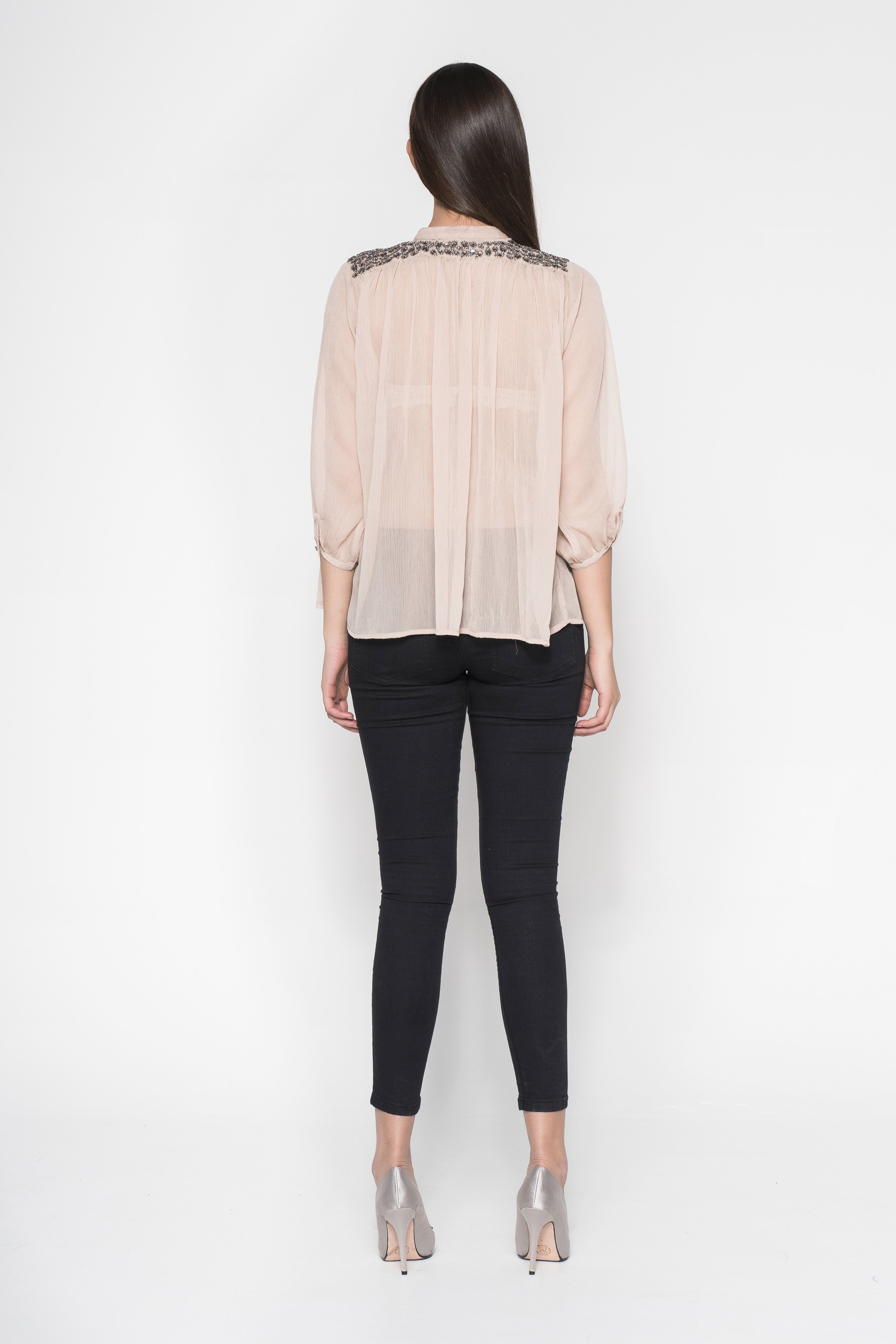 Rhinestone Embroidered Button-Down Sheer Shirt