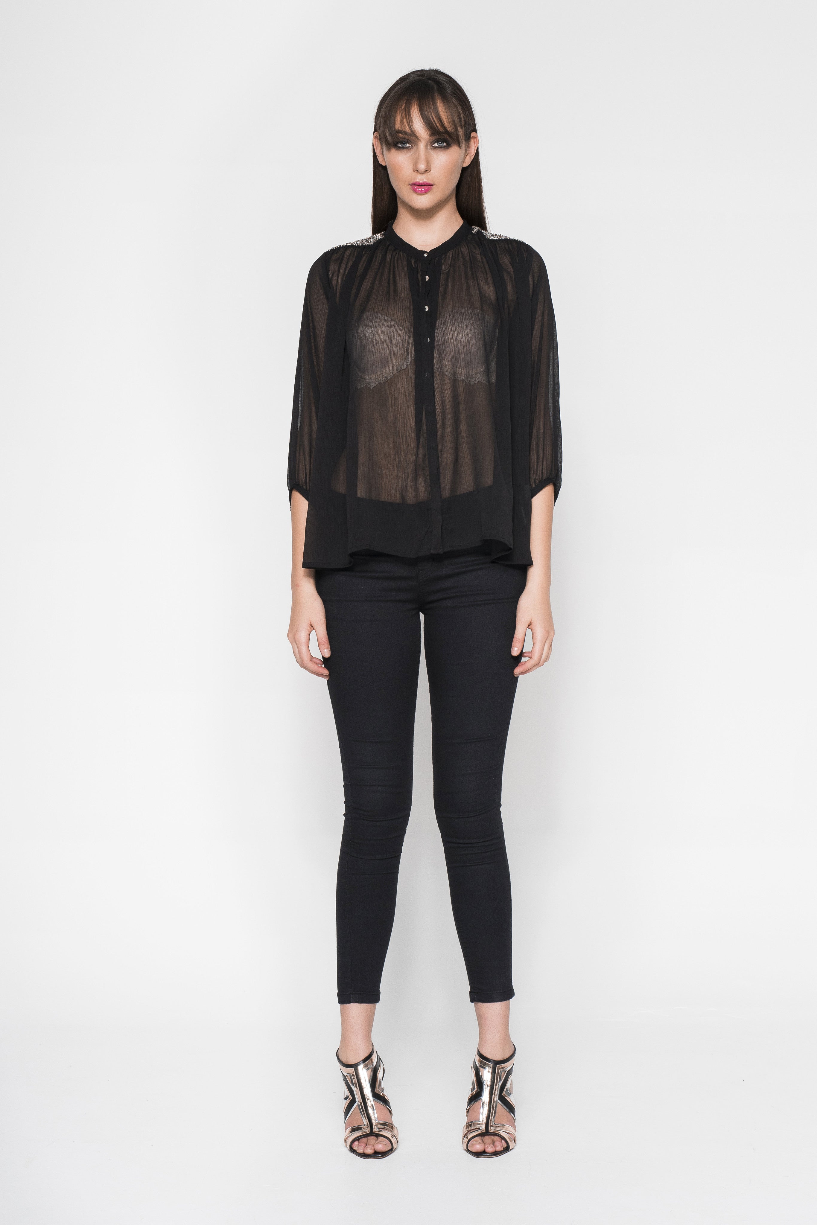 Rhinestone Embroidered Button-Down Sheer Shirt