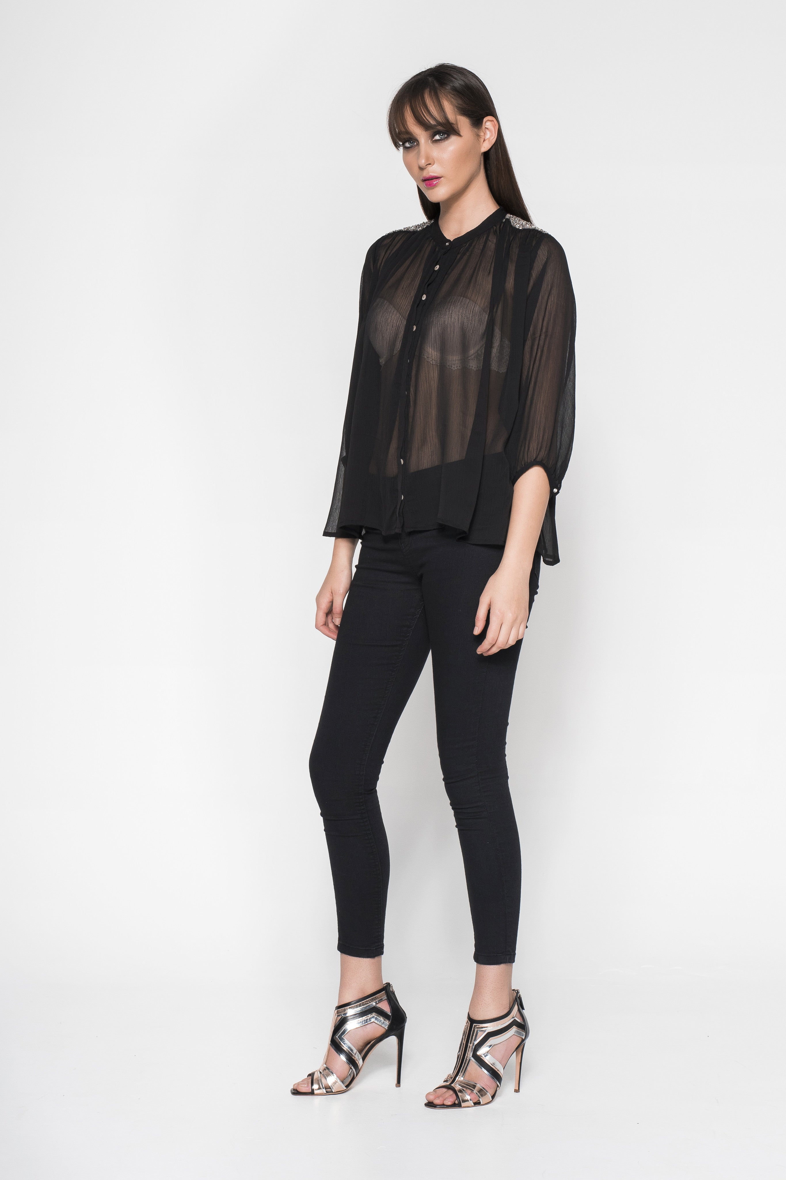 Rhinestone Embroidered Button-Down Sheer Shirt