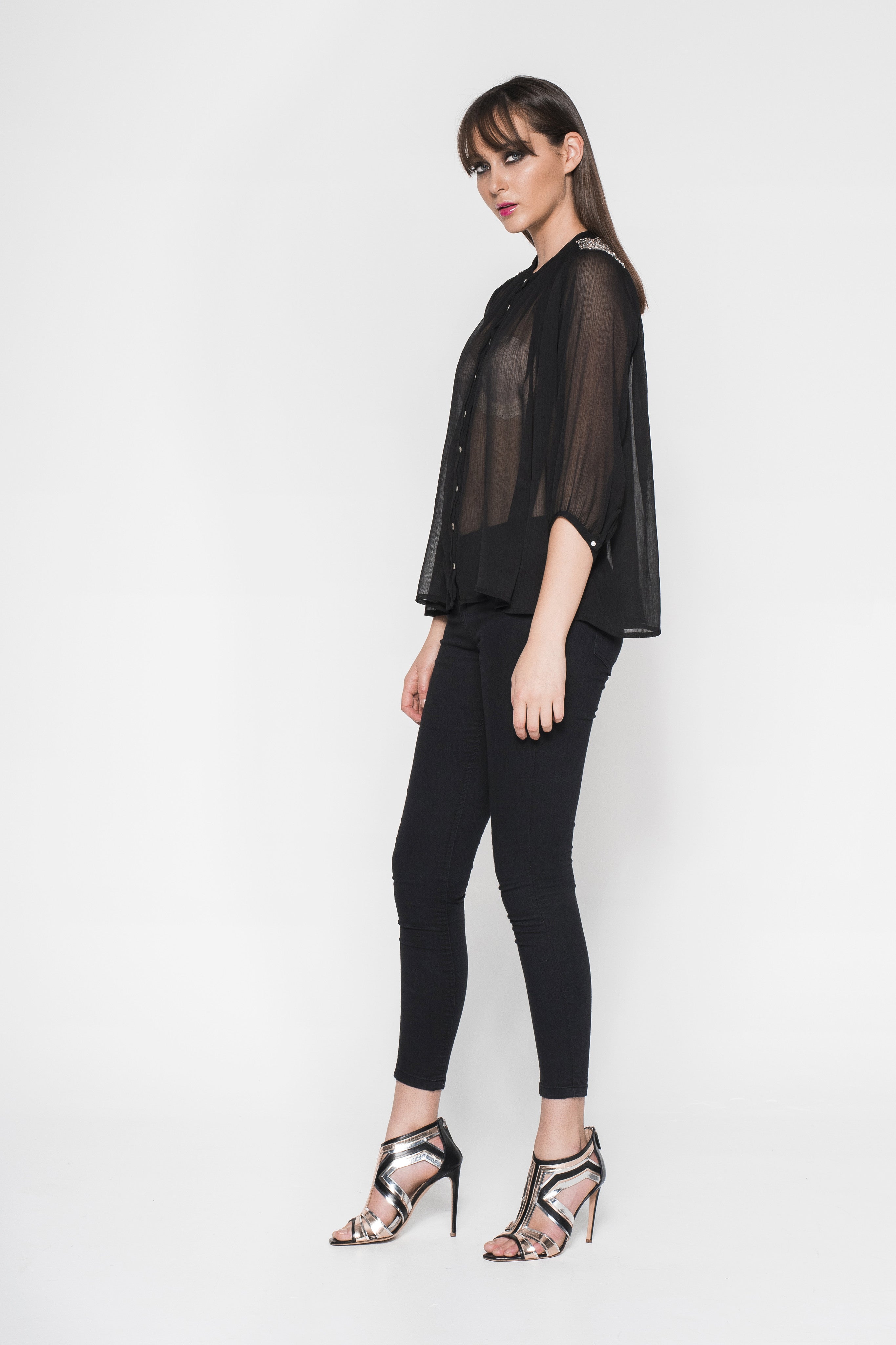 Rhinestone Embroidered Button-Down Sheer Shirt