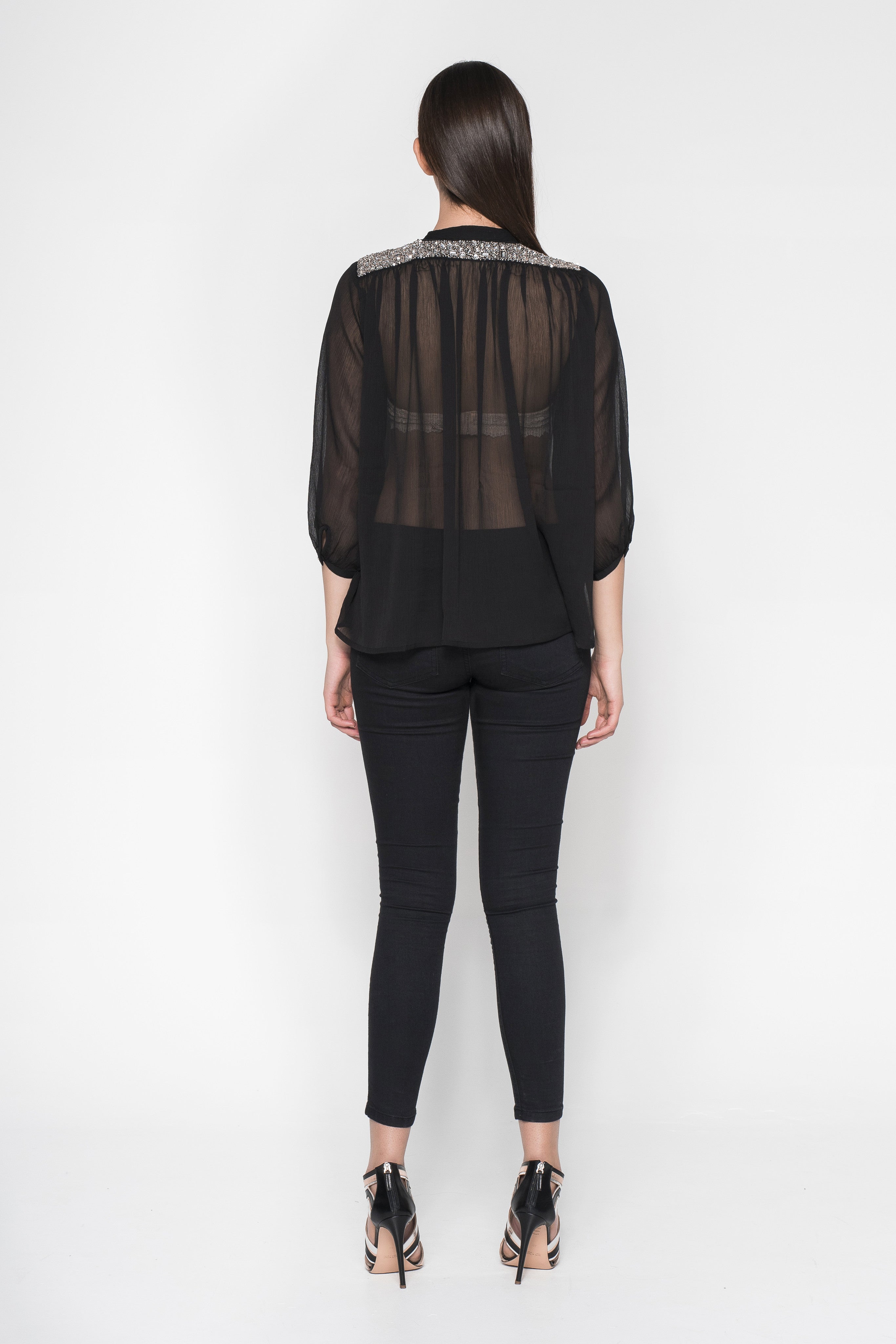 Rhinestone Embroidered Button-Down Sheer Shirt