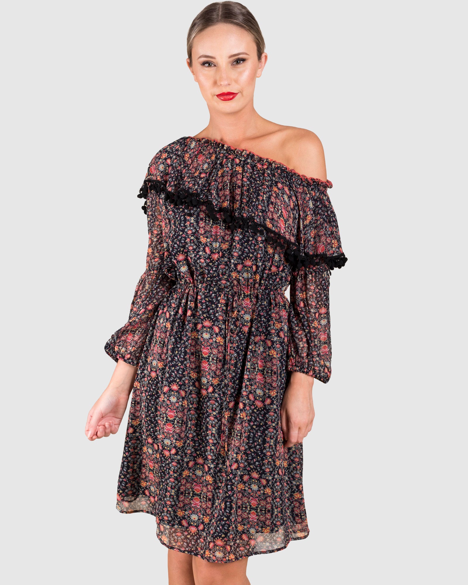 Printed Off-Shoulder Pom Pom Dress