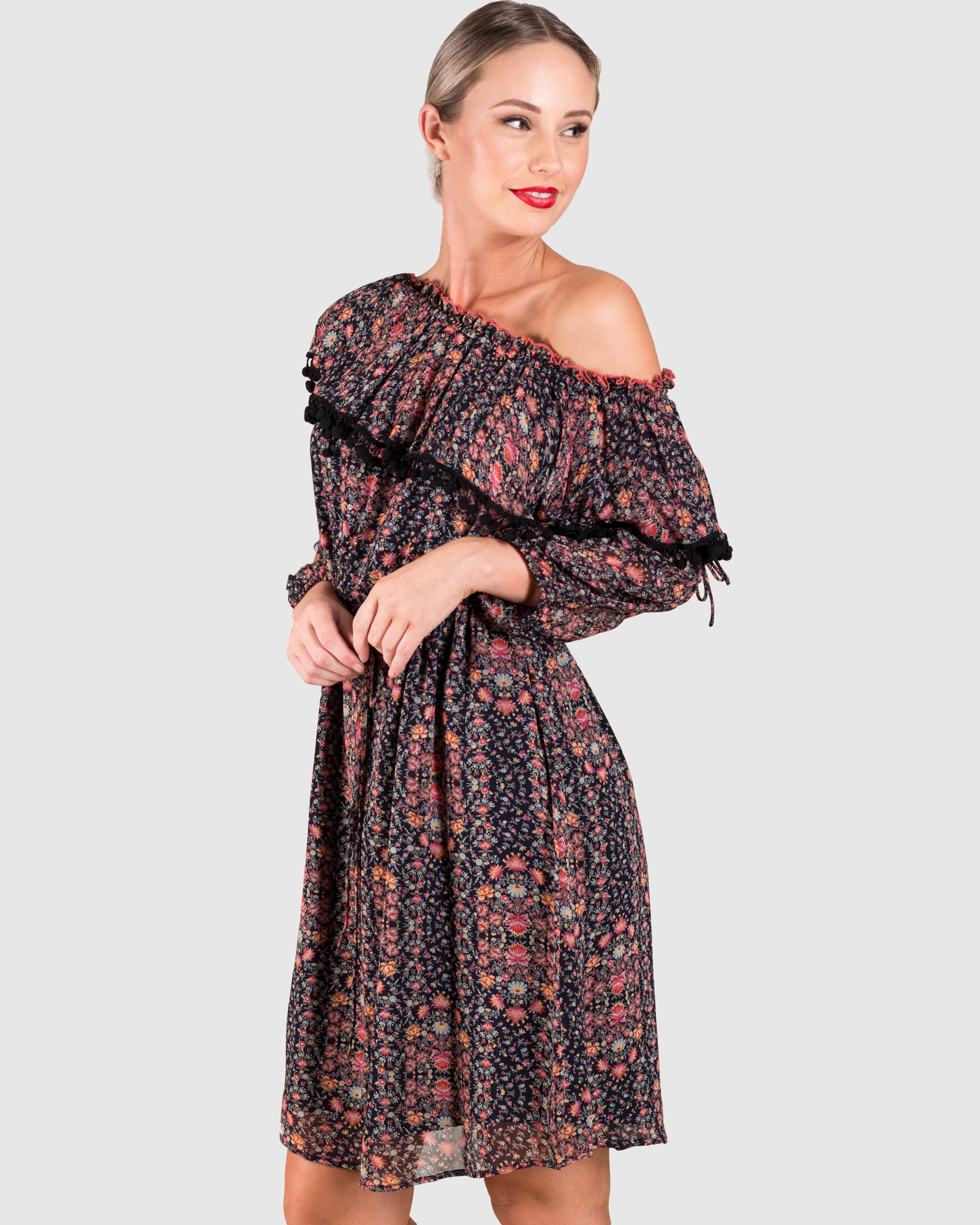 Printed Off-Shoulder Pom Pom Dress
